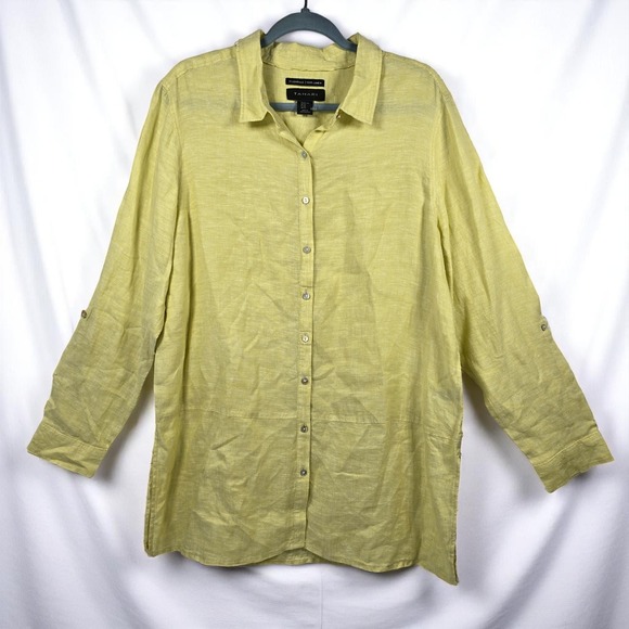 Tahari Linen Tunic Top Button Down Long Sleeve Shirt Womens XL Yellow Beach Boho - Picture 1 of 9